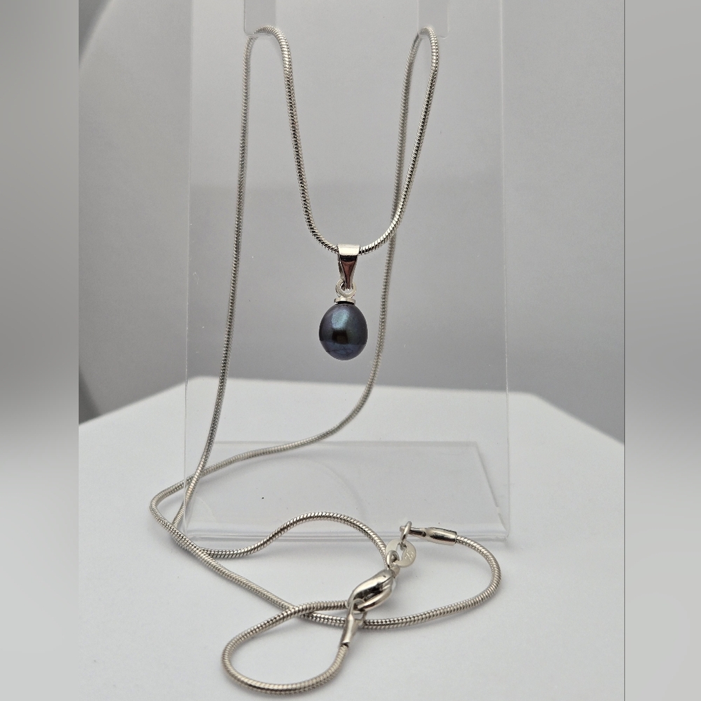Freshwater Black Dark Real Pearl Necklace 18” Silver Plated Snake Chain NWOT